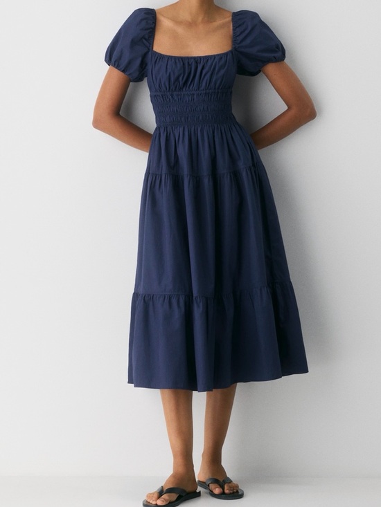 Aritzia Dresses & Skirts - Aritzia Allegoria Poplin Navy Puff-Sleeve Midi Dress - Women's Size M New